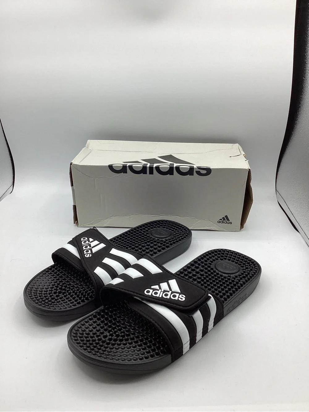 Adidas Black and White Slide Sandals with Cushioned Massage Footbed Men’s 10